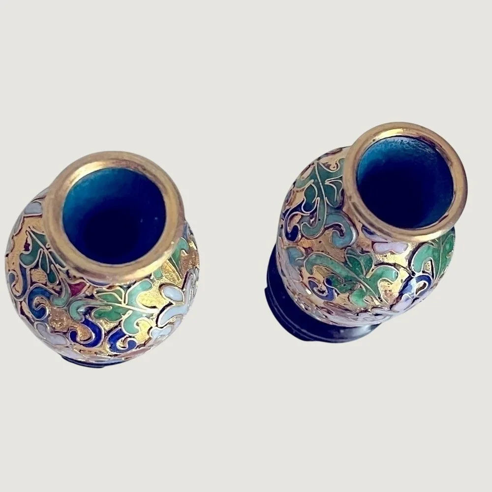Vintage Cloisonne Style Mini Vases Bases Gold Tone Floral Decorative Collectible - Picture 4 of 11